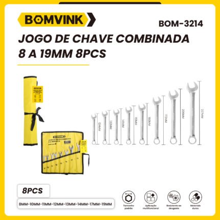 Jogo de Chave Combinada 8 a 19mm com Estojo Dobrável – 8 Peças em Aço Cromo Vanádio (BOMVINK BOM-3214)