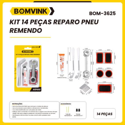 Kit de Reparo para Pneu com 14 Peças – Cola, Remendos, Lixa e Espátulas – BOMVINK BOM-3625