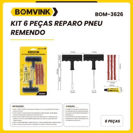 Kit de Reparo para Pneu Sem Câmara com 6 Peças – Manopla em T, Macarrão, Cola – BOMVINK BOM-3626