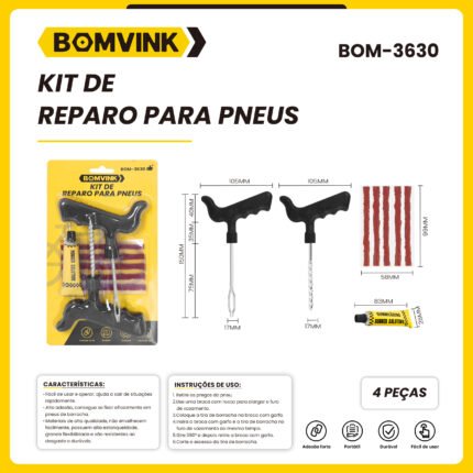 Kit de Reparo para Pneus com 4 Peças – Ferramentas de Emergência Automotiva com Macarrão, Cola e Aplicadores (BOMVINK BOM-3630)