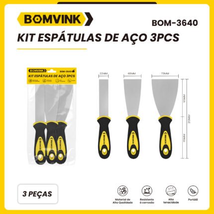 Kit Espátulas de Aço Inox 3 Peças com Cabos Ergonômicos – Ideal para Pintura, Raspagem e Acabamento (BOMVINK BOM-3640)