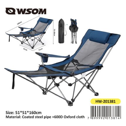 Cadeira Dobrável Reclinável com Apoio para as Pernas HW-201381 – Camping, Praia, Pescaria, Portátil com Bolsa
