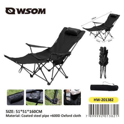 Cadeira Dobrável Reclinável Preta HW-201382 – Camping, Pescaria, Praia, com Almofada, Porta-Copos e Bolsa