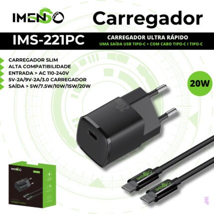 CARREGADOR COM CABO PRETO TPC-C 20W