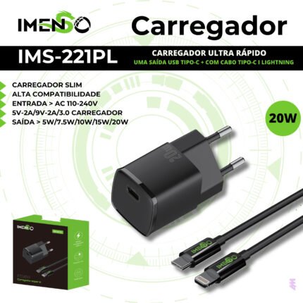 CARREGADOR COM CABO PRETO TPC-L 20W