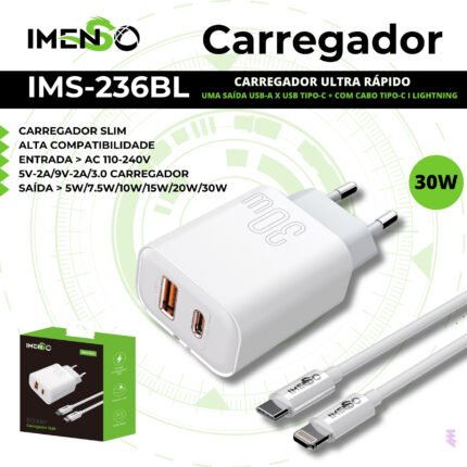 CARREGADOR 30W A+C BRANCO