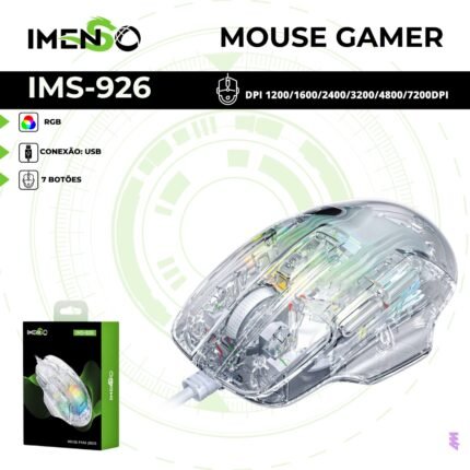 MOUSE LED RGB TRANSPARENTE CONEXAO USB 7 BOTOES