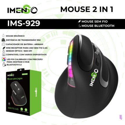 MOUSE ERGONOMICO DSITANCIA 10M 500MAH 1600DPI RGB BLUETOOTH