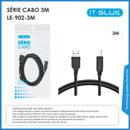 Cabo USB para Impressora LE-902 3M – Cabo Longo de Alta Qualidade, Durável e Flexível, Conexão Estável para Impressoras e Scanners