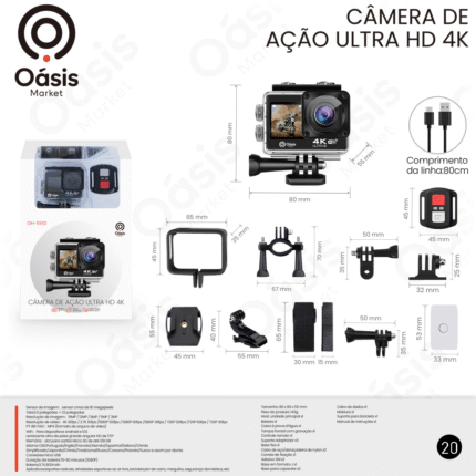 Câmera de Ação OIH-5932 4K Ultra HD com Wi-Fi, Controle Remoto, Lente Grande Angular 170º, À Prova d’Água – Kit Completo para Esportes e Vlog