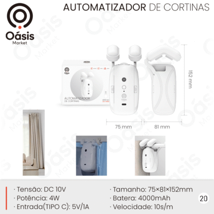 Automatizador de Cortinas OIH-5950 com Bateria 4000mAh, Controle Inteligente, Silencioso e Rápido – Instalação Fácil, Compatível com Trilho U/R/I