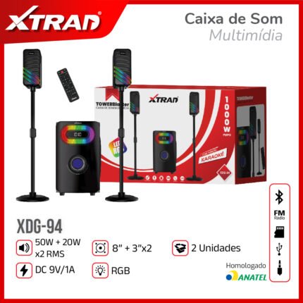 Caixa de Som Torre Bluetooth XDG-94 – 1000W PMPO, RGB, Karaokê, Controle Remoto, Rádio FM
