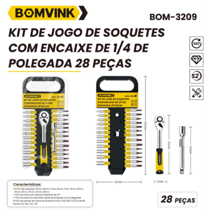 KIT DE JOGO DE SOQUETES COM ENCAIXE DE 1/4-28PCS BOM-3209